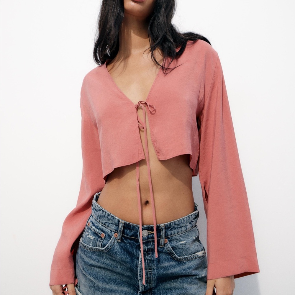 ZARA Women's Pink Tie-Front Top